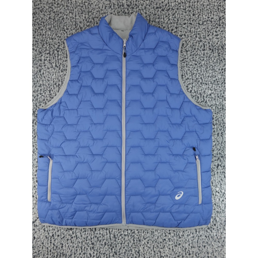 Asics Puffer Reversible Vest Mens XL Blue Hexagonal Quilted Full Zip Fleece